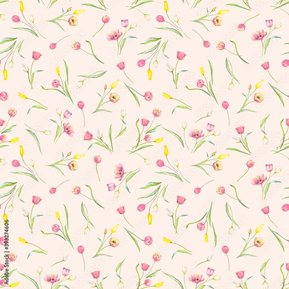 Beautiful seamless pattern with watercolor gentle blooming tulip flowers. Stock illustration.