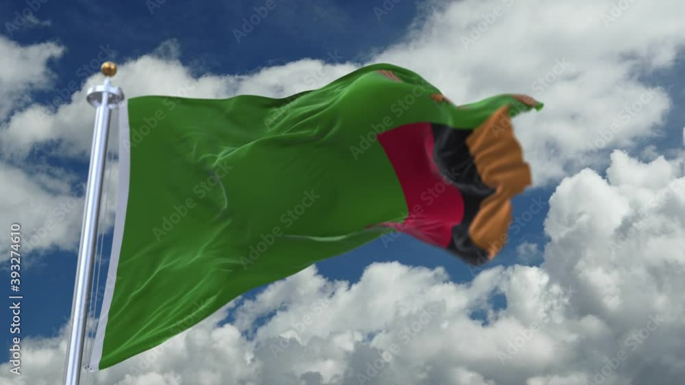 4k looping flag of Zambia with flagpole waving in wind;timelapse rolling clouds background.A fully digital rendering. 4k looping flag of Zambia with flagpole waving in wind;timelapse rolling clouds background.A fully digital rendering.