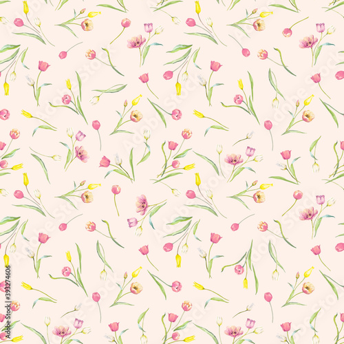 Beautiful seamless pattern with watercolor gentle blooming tulip flowers. Stock illustration. © zenina
