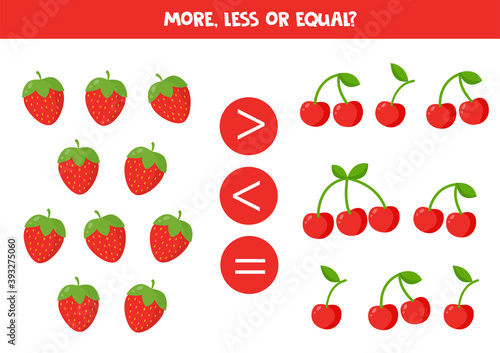 More, less or equal with cartoon strawberries and cherries. Comparison game for children.