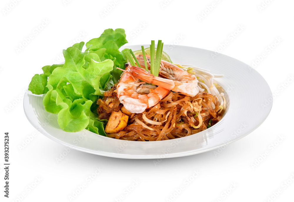 Thai style noodles, stir fried noodles with prawn isolated on white. Thai style noodles, stir fried noodles with prawn isolated on white.