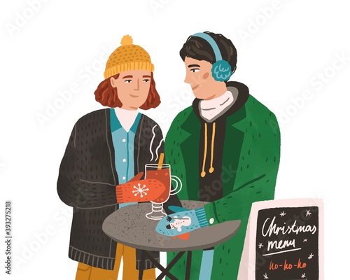Young couple drinking hot mulled wine at Christmas time. Man and woman holding hands in mittens together during romantic winter date. Drawn flat vector illustration isolated on white background