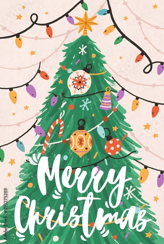 Greeting Xmas card with Merry Christmas inscription and fir tree decorated wi...
