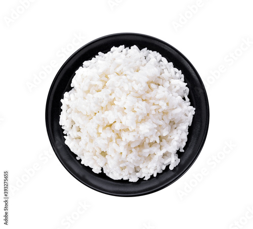 Rice in a bowl on a white background. Top view