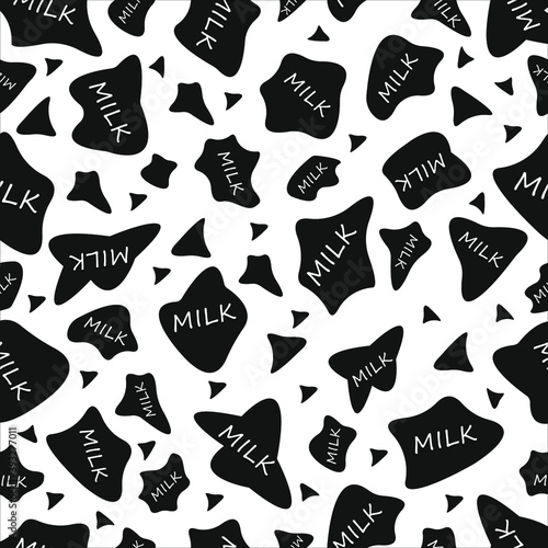 black pattern with spots cow and the word milk