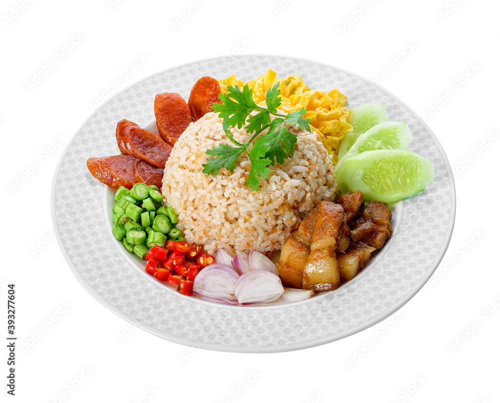 Thai food - Kao Cluk Ka Pi (Mixed Cooked Rice with Shrimp Paste Sauce) isolated on white. - obrazy, fototapety, plakaty 