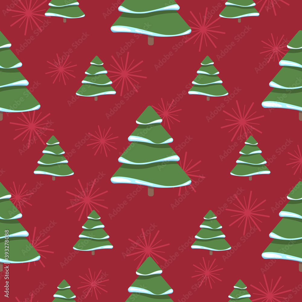 Seamless pattern with Christmas tree and snowflake for winter holidays design. Print for fabric, wrapping paper or wallpaper. New Year celebration.