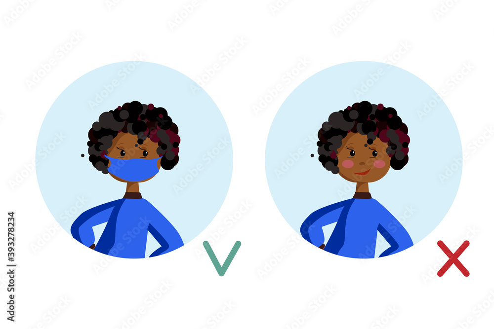 Mask required. No entry without wearing a mask. A girl woman with a medical mask and a without a mask. Mask required. No entry without wearing a mask. A girl woman with a medical mask and a without a mask.