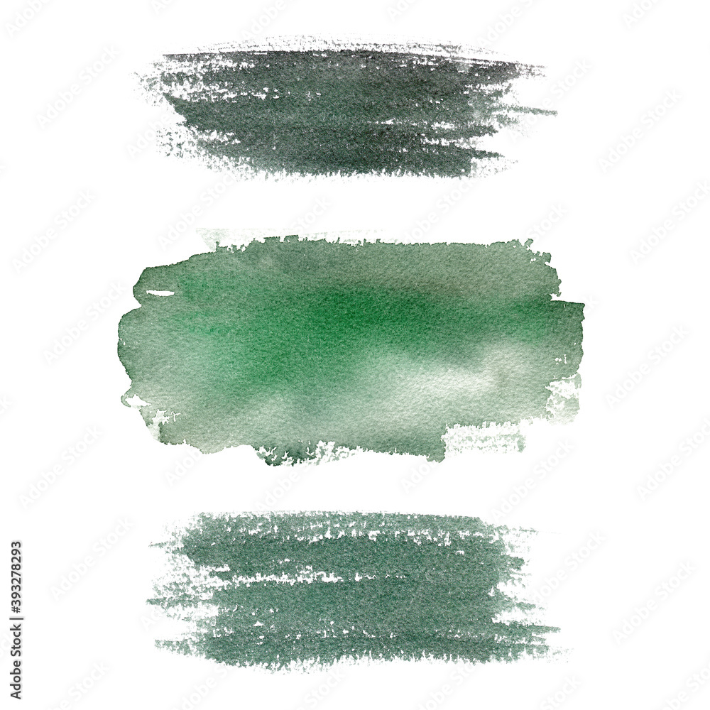 Green watercolor texture. Abstract brush strokes isolated on white background. Graphics for logo, banner, diy.