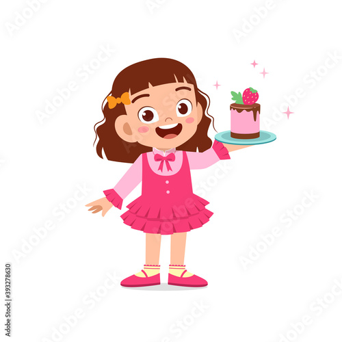 happy cute little kid boy and girl waring waiter uniform and holding birthday cake
