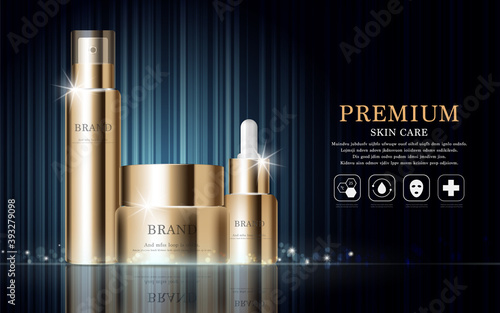 Hydrating facial cream for annual sale or festival sale. gold cream mask bottle isolated on glitter particles background. Graceful cosmetic ads, illustration EPS10.