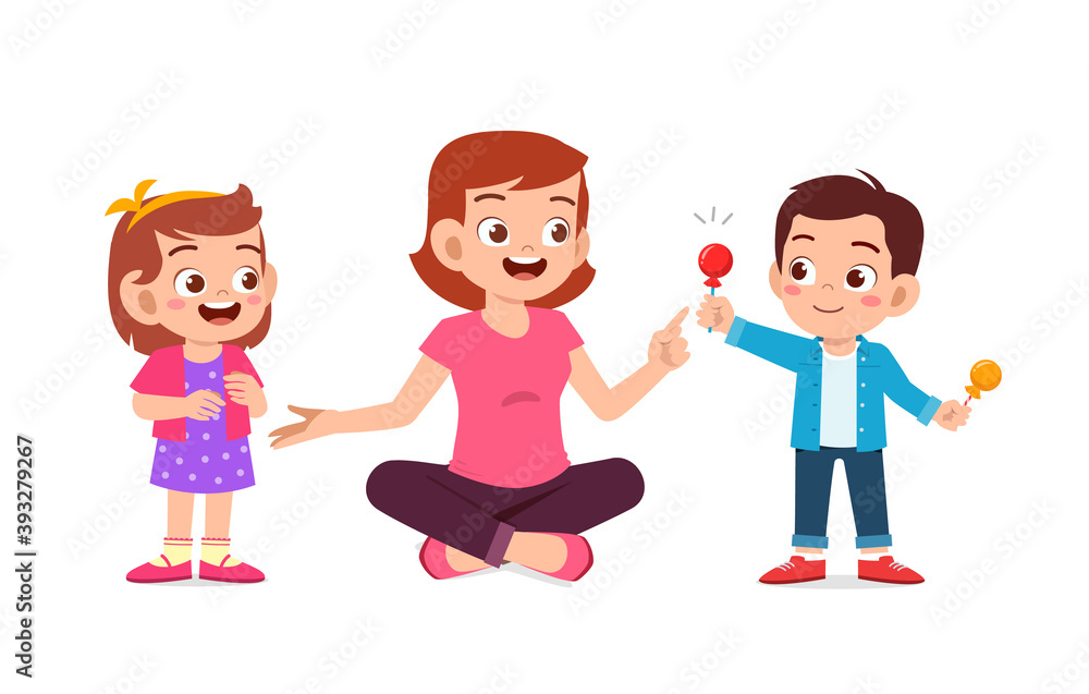 happy mother give candy and sweets to his boy and girl kid