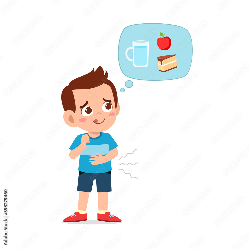 happy cute kid boy and girl feels hungry want to eat and thinks about food happy cute kid boy and girl feels hungry want to eat and thinks about food