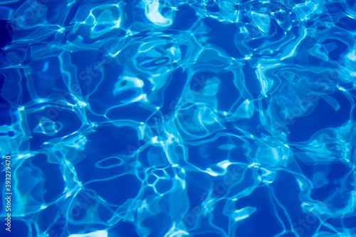 Blurred focus. Swimming pool water texture in abstract style on a blue background.