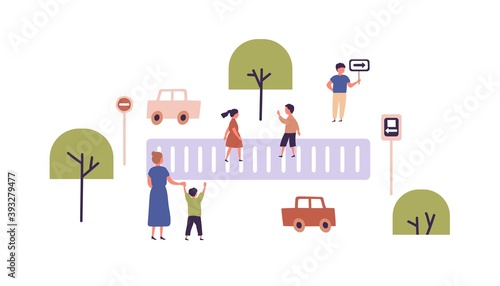 Children learning traffic rules playing in the street. Boy and girl crossing the road at crosswalk. Kid holding a direction sign. Playground flat vector illustration isolated on white