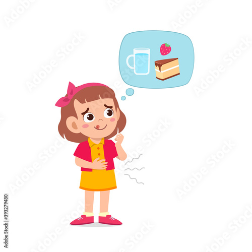 happy cute kid boy and girl feels hungry want to eat and thinks about food