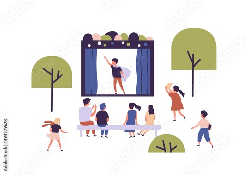 Children street amateur theater with actor performing play in front of audience. Outdoor theatrical performance at kids' theatre. Childish open air event. Flat vector illustration on white background