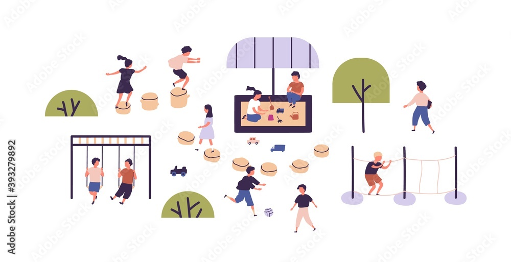 Kids playing games at modern playground in kindergarten. Children having outdoor activities. Boys and girls spending time together outside. Flat vector illustration on white background Kids playing games at modern playground in kindergarten. Children having outdoor activities. Boys and girls spending time together outside. Flat vector illustration on white background