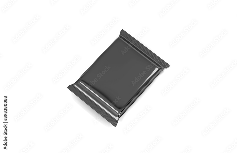 Black foil food snack sachet bag mockup template on isolated white background. Packaging pouch for chips, coffee, salt, sugar, pepper, spices, sweets and cookies. 3d illustration Black foil food snack sachet bag mockup template on isolated white background. Packaging pouch for chips, coffee, salt, sugar, pepper, spices, sweets and cookies. 3d illustration