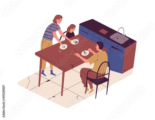 Poverty and food shortage concept. Poor family taking meal at dining table in old broken kitchen. Sad hungry people with little food on plates. Flat vector illustration isolated on white background