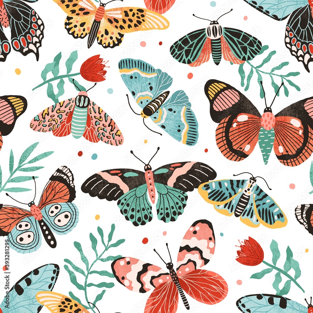 Seamless pattern with gorgeous butterflies and flowers isolated on white background. Decoration for wrapping paper or wallpaper. Design with flying moths. Endless colorful flat vector illustration - obrazy, fototapety, plakaty 