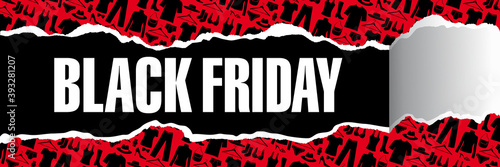 Banner as a poster with the pattern of silhouettes of clothes is torn to reveal the word Black Friday.