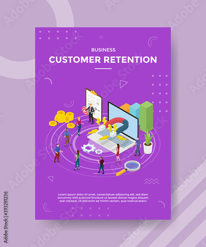 business customer retention people standing near laptop magnet for template of banner and flyer for printing magazine cover and poster