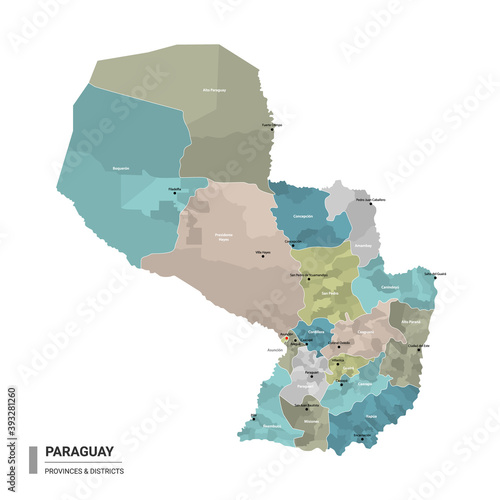 Paraguay higt detailed map with subdivisions. Administrative map of Paraguay with districts and cities name, colored by states and administrative districts. Vector illustration. photo