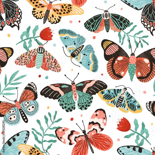 Seamless pattern with gorgeous butterflies and flowers isolated on white background. Decoration for wrapping paper or wallpaper. Design with flying moths. Endless colorful flat vector illustration