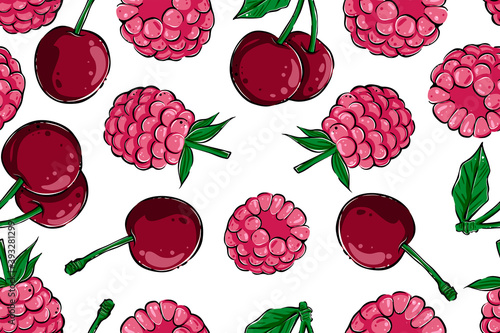 Cherries and raspberries seamless pattern, color, vector