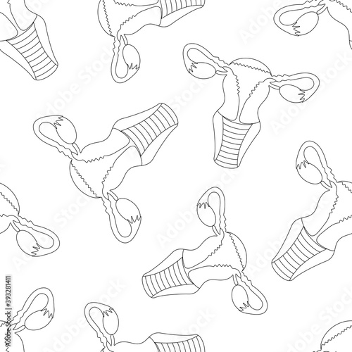 Vector graphics of the female reproductive system of the uterus and ovaries. Seamless pattern isolated on white background. Feminism theme and female genitals. Hand-drawn contour illustration.