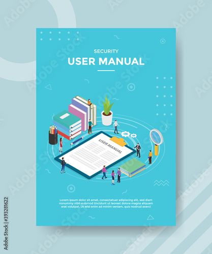 security user manual people standing nearby book instruction for template of banner and flyer for printing magazine cover and poster