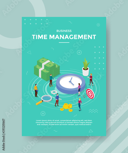 business time management people standing nearby clock money target board for template of banner and flyer for printing magazine cover and poster