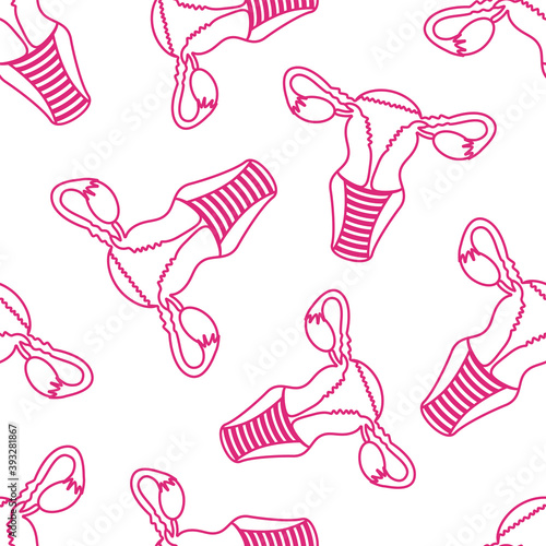Vector graphics of the female reproductive system of the uterus and ovaries. Seamless pattern isolated on white background. Feminism theme and female genitals. Hand-drawn contour illustration.