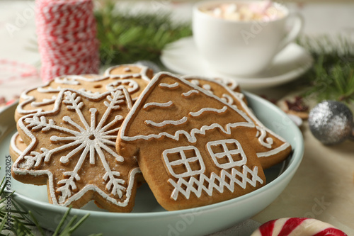 Concept of holiday food with Christmas cookie, close up