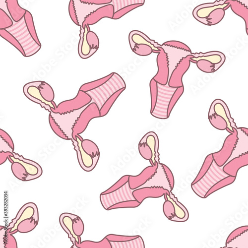 Vector graphics of the female reproductive system of the uterus and ovaries.Seamless pattern isolated on white background.Feminism theme and female genitals.Hand-drawn color illustration.