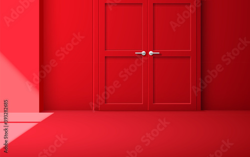 red door with sunlight from windows in the red room
