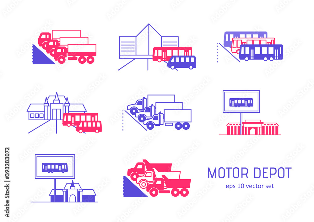 Motor depot - vector icons set. Motor depot - vector icons set.