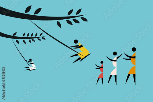 Tribal style illustration of a group of people swinging on a swing in the outdoor