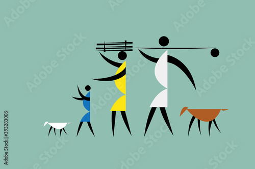 Tribal style illustration of a family gathering things from the forest