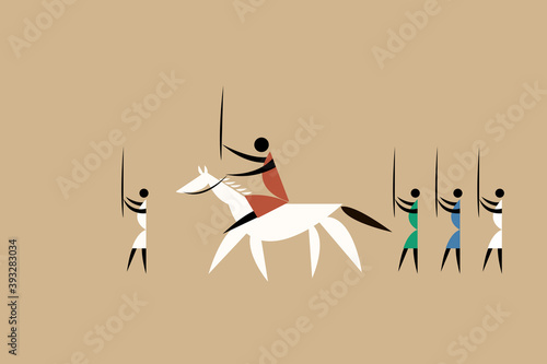 Tribal style illustration of chief riding a horse and soldiers accompanying him