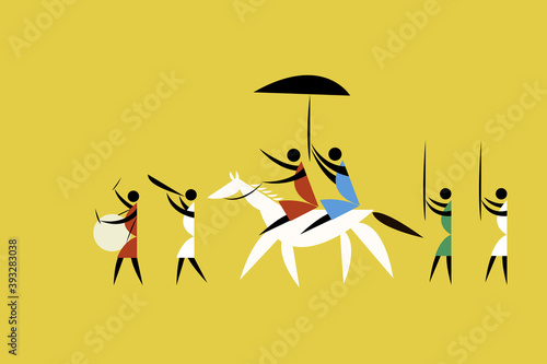 Tribal style illustration of procession of winning chief with music band