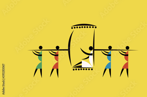 Tribal style illustration of people carrying their chief on a palanquin