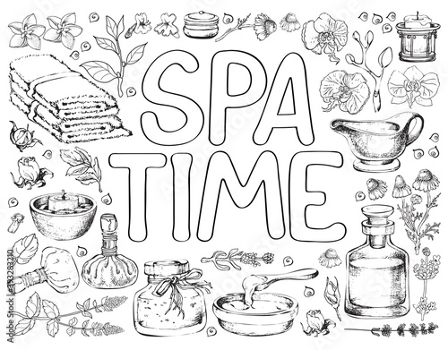 Coloring Page with spa care elements. Vector line art illustration.