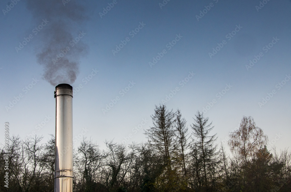 Smoking stainless steel chimney in front of morning sky, trees in the background Smoking stainless steel chimney in front of morning sky, trees in the background