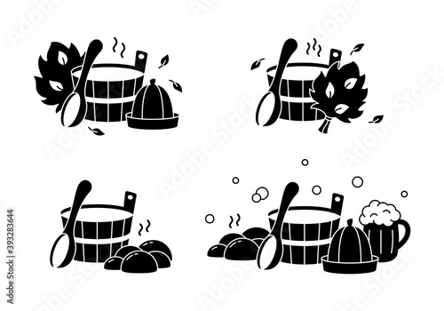 Sauna or banya, silhouette labels set. Outline emblem of classic bath tools. Black illustration of wooden tub, ladle, spoon, hat, broom, beer mug, bubbles. Cutout isolated vector, white background