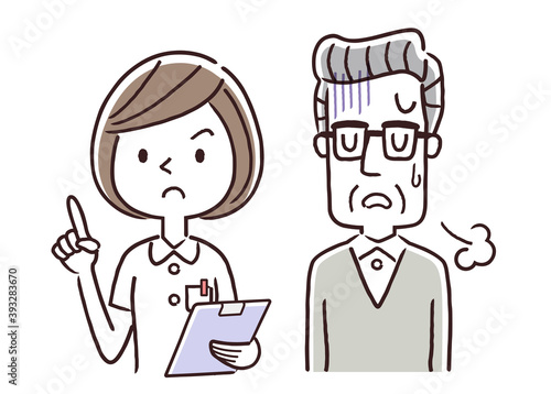 ベクターイラスト素材：看護師の女性と落ち込むシニア男性
