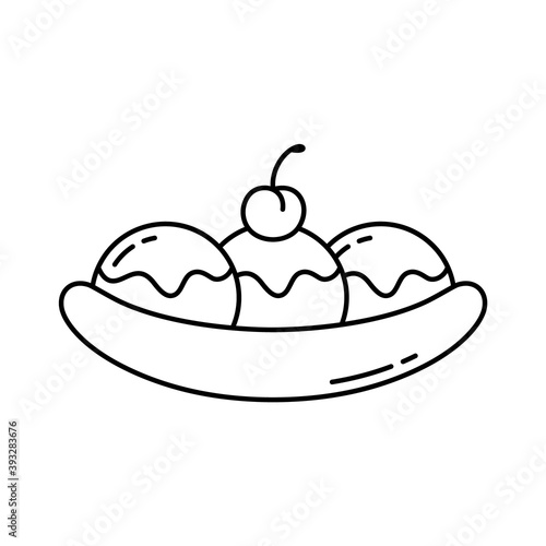 Banana split. Linear icon of fruit dessert with ice cream, topping and cherry. Black simple illustration of traditional american food. Contour isolated vector pictogram on white background