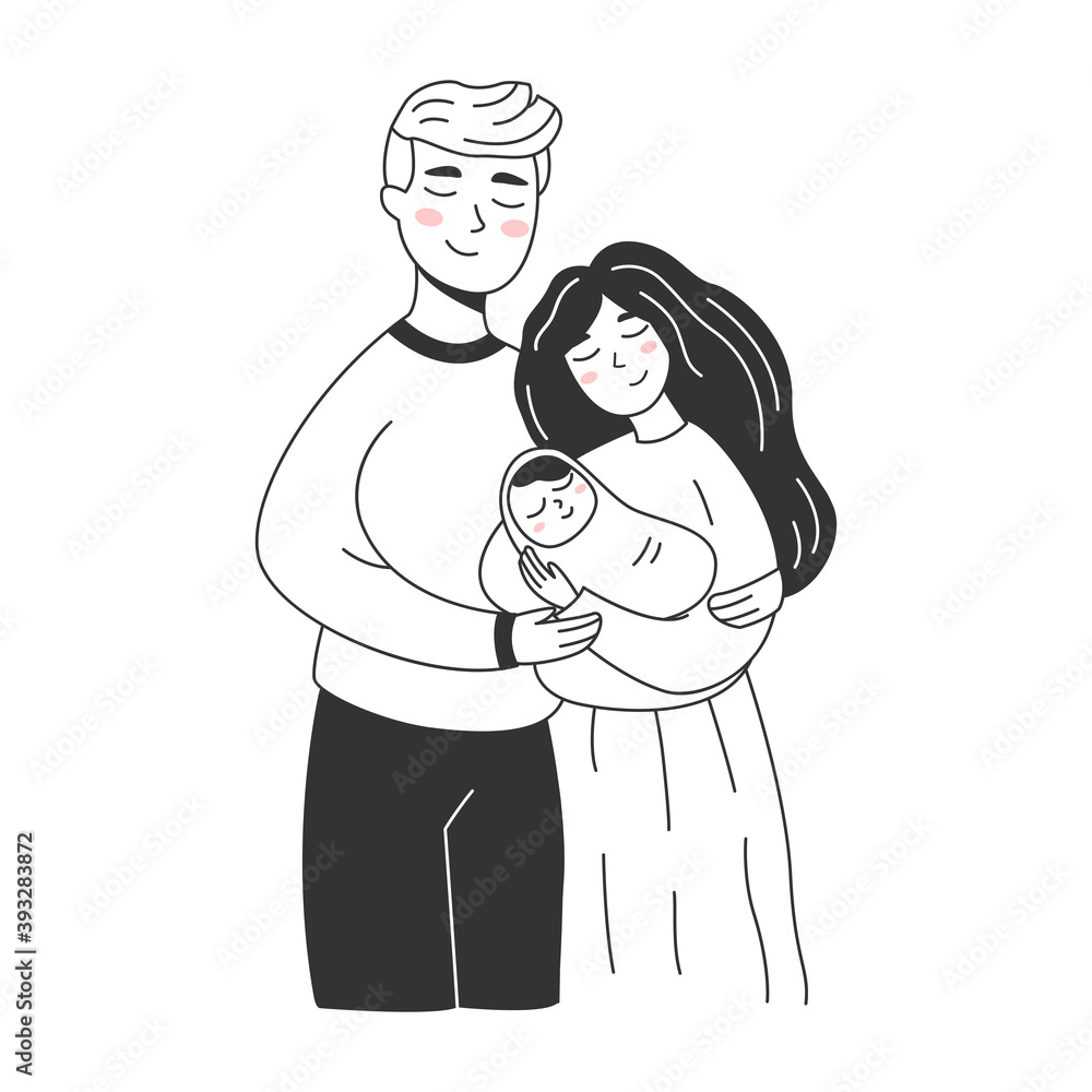 Young mother and father with a newborn. Happy couple holds little baby, motherhood, childcare, parenthood, mommy and infant, family and parenting vector concept. Black and white simple art Young mother and father with a newborn. Happy couple holds little baby, motherhood, childcare, parenthood, mommy and infant, family and parenting vector concept. Black and white simple art