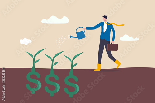 Dividend investment, prosperity and economic growth or saving and business profit concept, happy businessman investor holding watering can to watering grow sprout seedling he plant from dollar sign.